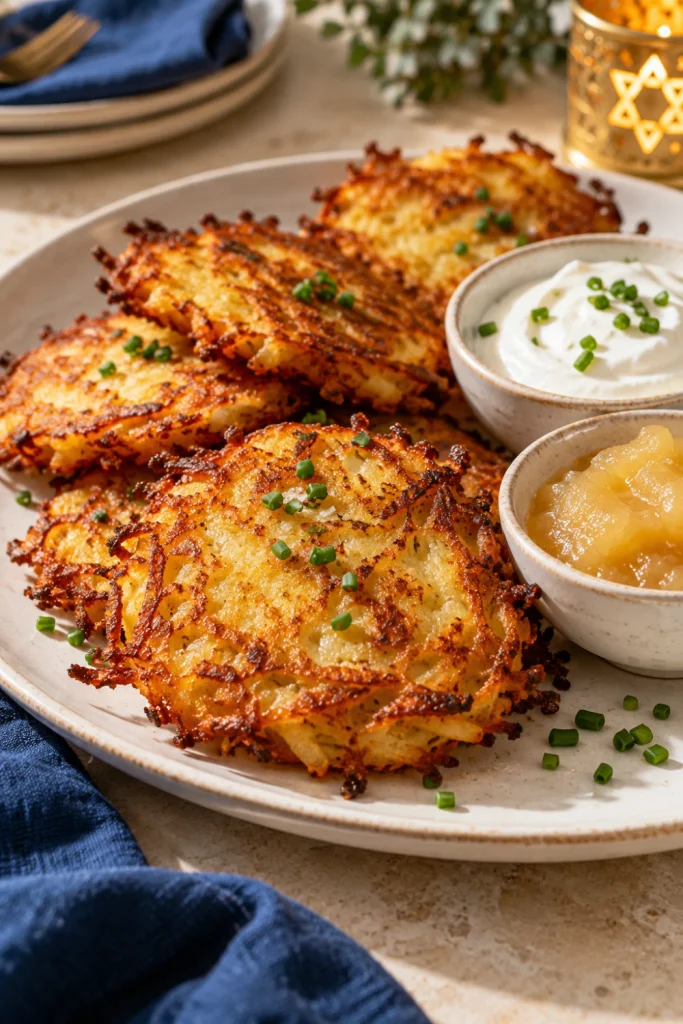 Golden crispy Hanukkah potato latkes served with sour cream, applesauce and fresh herbs on a ceramic platter.