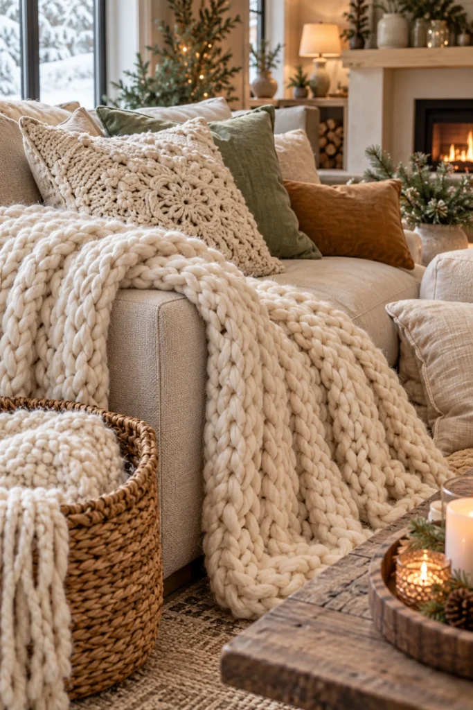 Cozy crochet winter decor featuring a chunky ivory knit blanket, textured crochet cushion, oatmeal sofa and woven blanket basket.