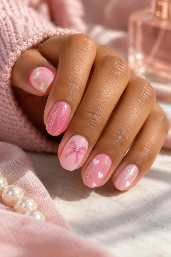 Cute pink nail designs featuring glossy blush and pastel-pink polish with tiny white hearts and delicate bow accents.