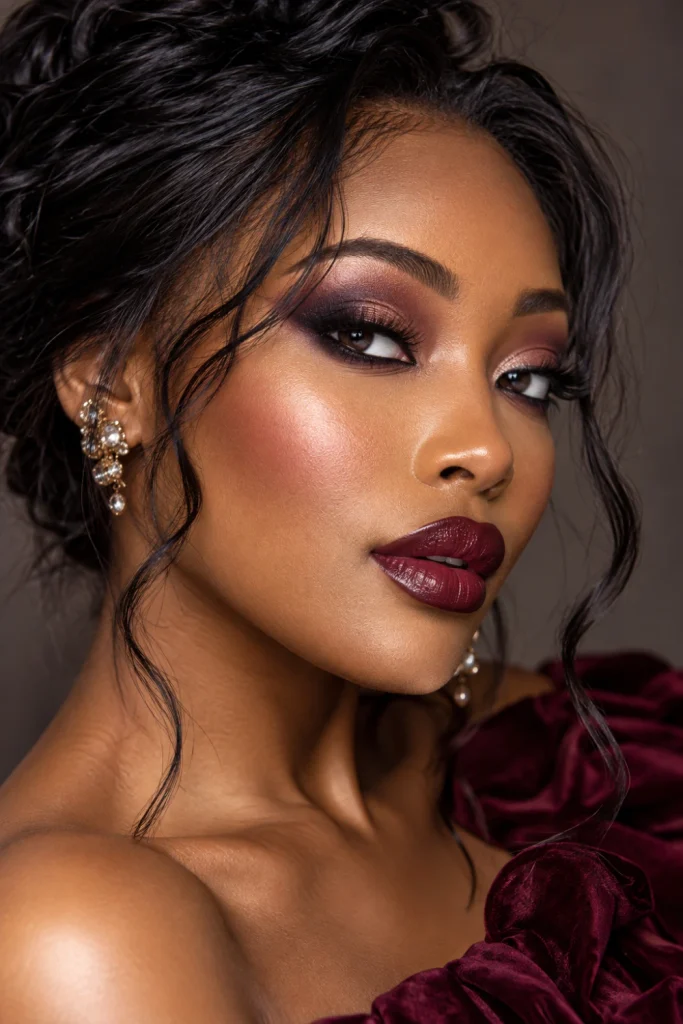 Dark feminine makeup featuring smoky charcoal and plum eyeshadow, defined eyeliner, sculpted cheekbones and deep wine lipstick.