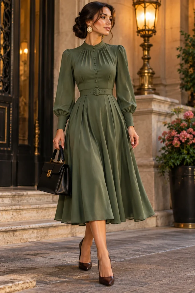 Dark sage green vintage dress with a flowing skirt, antique gold jewelry, dark heels and a structured handbag for an elegant evening outfit.