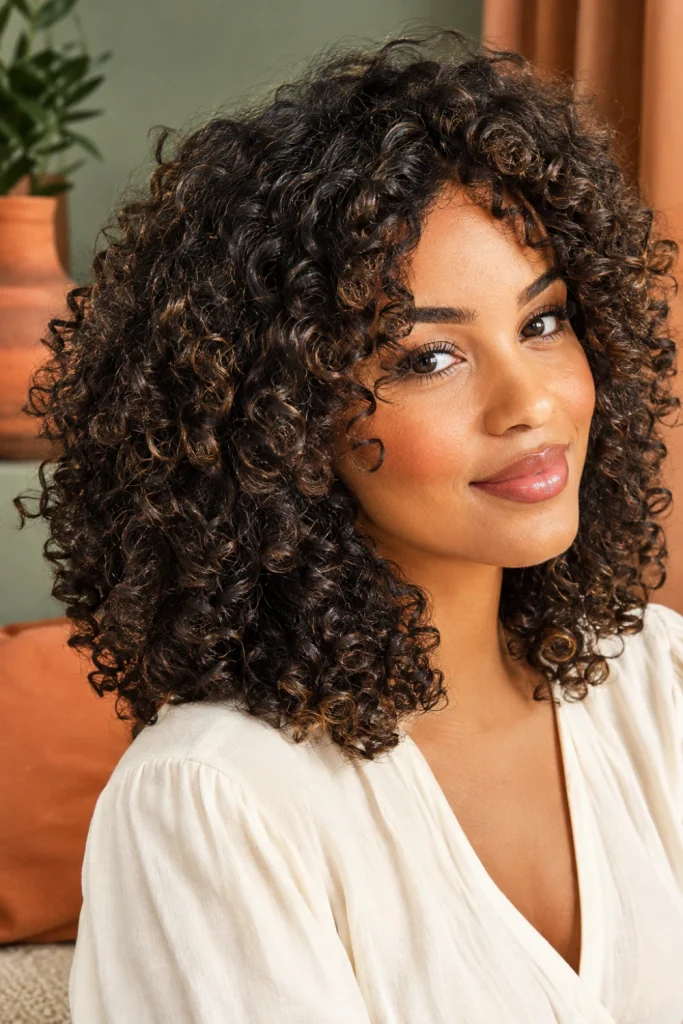 Woman with voluminous defined natural curls, healthy-looking texture and softly shaped curly layers.
