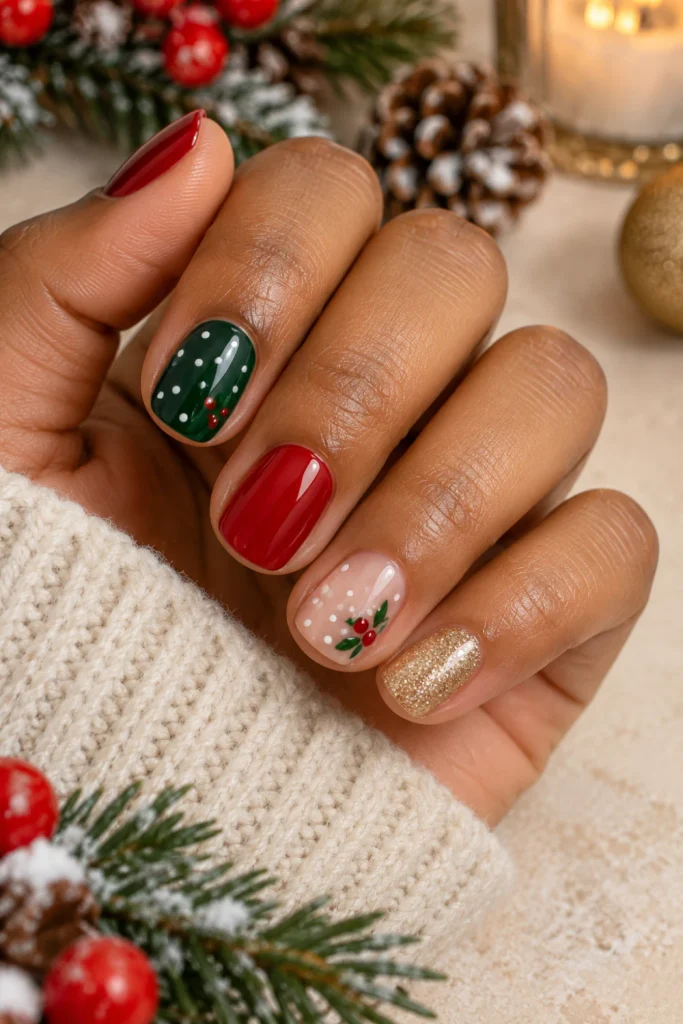 Easy Christmas nail designs for beginners featuring short rounded nails, red and green polish, simple white dots and a glitter accent.