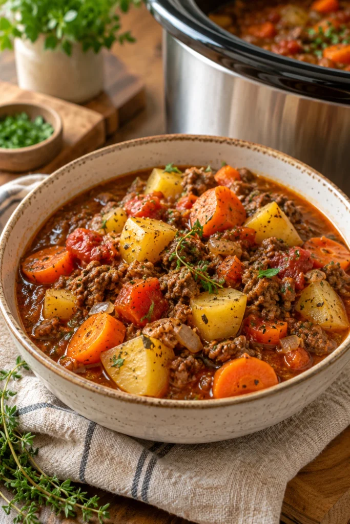 Easy crockpot ground beef winter dinner with potatoes, carrots, tomatoes, onions and savory broth.
