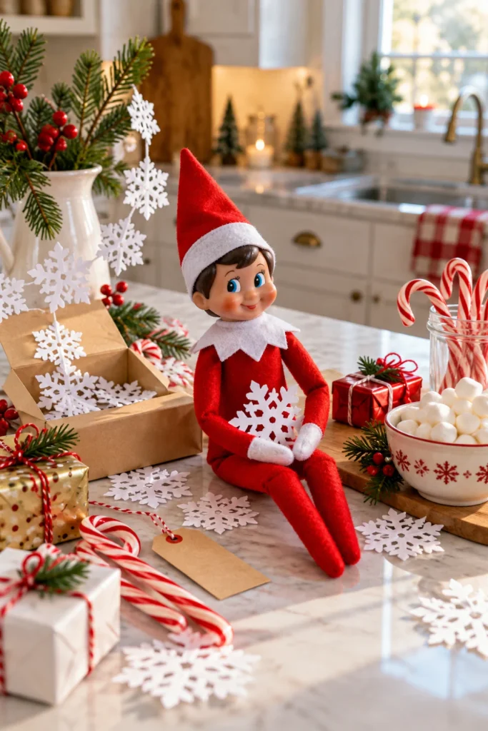 Playful Elf on the Shelf Christmas scene with a red-clothed elf, paper snowflakes, candy canes, miniature presents, and festive kitchen decorations.