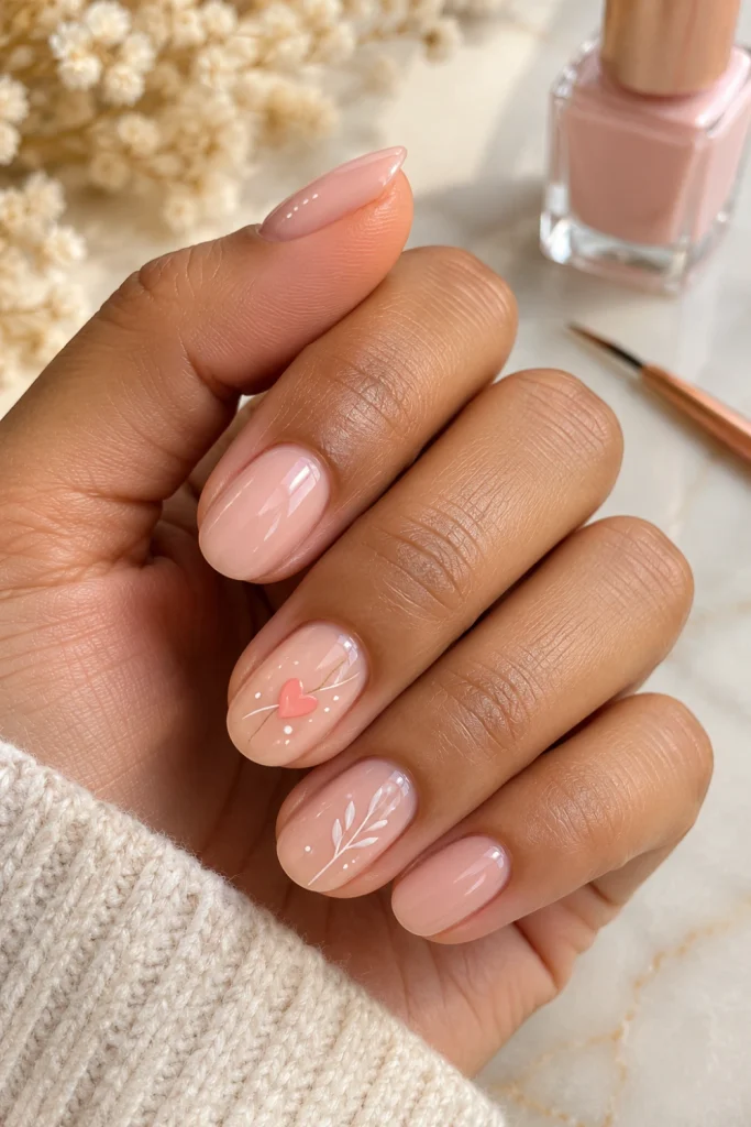 Easy beginner nail art featuring a nude manicure with tiny white dots, delicate heart accents and a simple glossy finish.