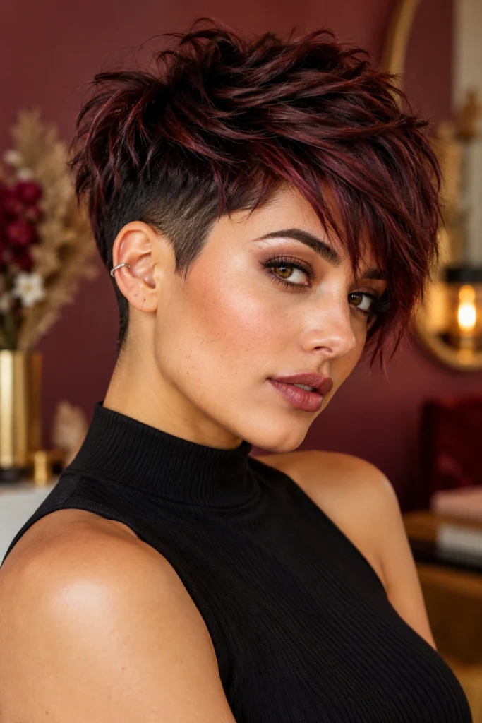 Woman with an edgy punk pixie haircut, choppy brunette layers, textured fringe and subtle burgundy highlights.