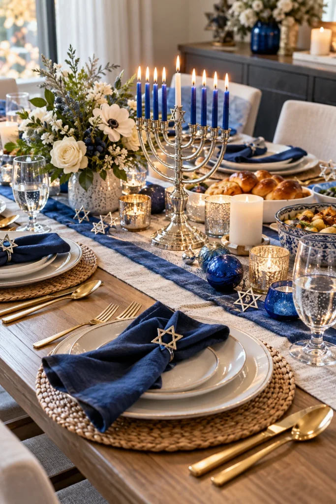 Elegant Hanukkah tablescape with white dinner plates, navy-blue napkins, gold cutlery, silver menorah and blue-and-white holiday decorations.