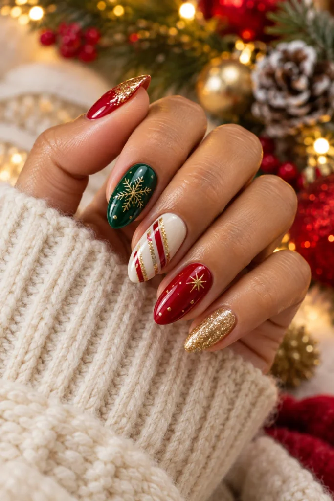 Close-up of elegant Christmas nails featuring glossy cherry-red and emerald-green polish, delicate gold accents, snowflakes, and almond-shaped tips.