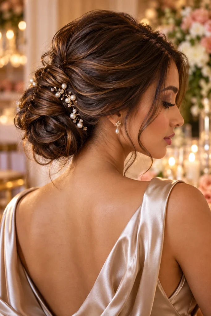 Elegant reception hairstyle featuring a softly textured low chignon, face-framing tendrils and delicate pearl hairpins.