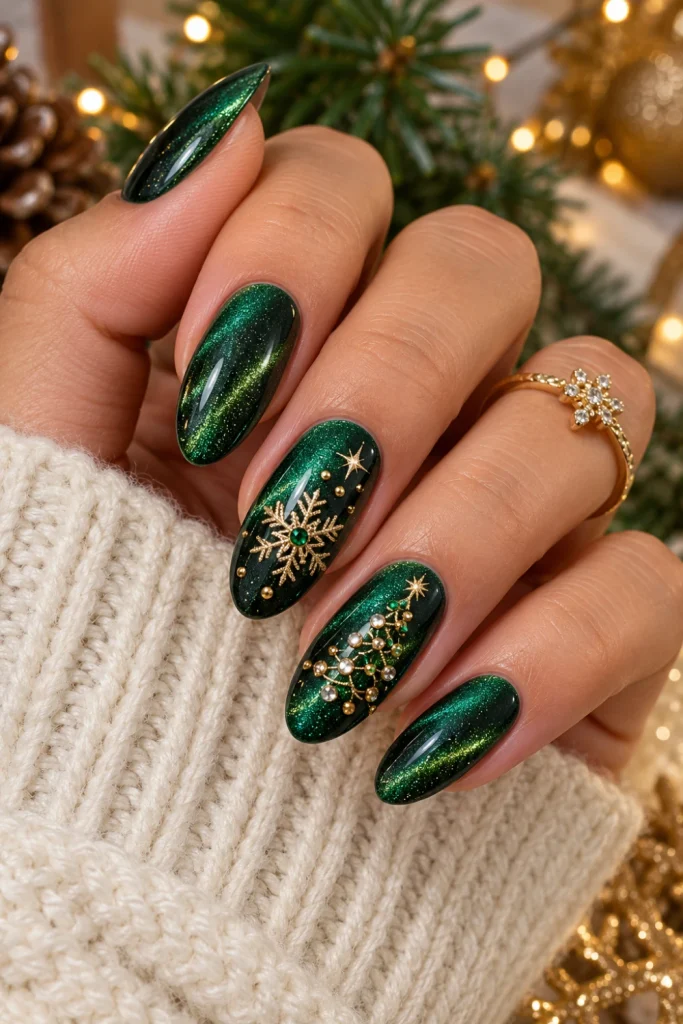 Elegant velvet green Christmas nails featuring emerald magnetic cat-eye polish, a soft reflective finish, almond-shaped nails and subtle gold jewelry.
