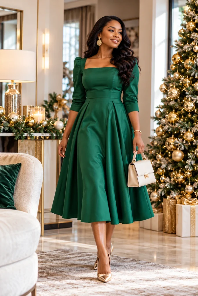 Festive green Christmas women outfit featuring an emerald-green midi dress, gold earrings, neutral heels and a structured evening handbag.