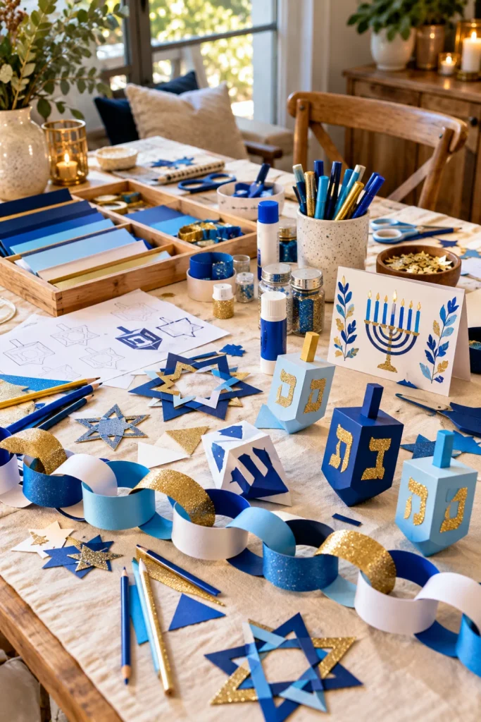 Family-friendly Hanukkah craft station with blue and white paper, handmade stars, dreidel templates, markers and paper chains.