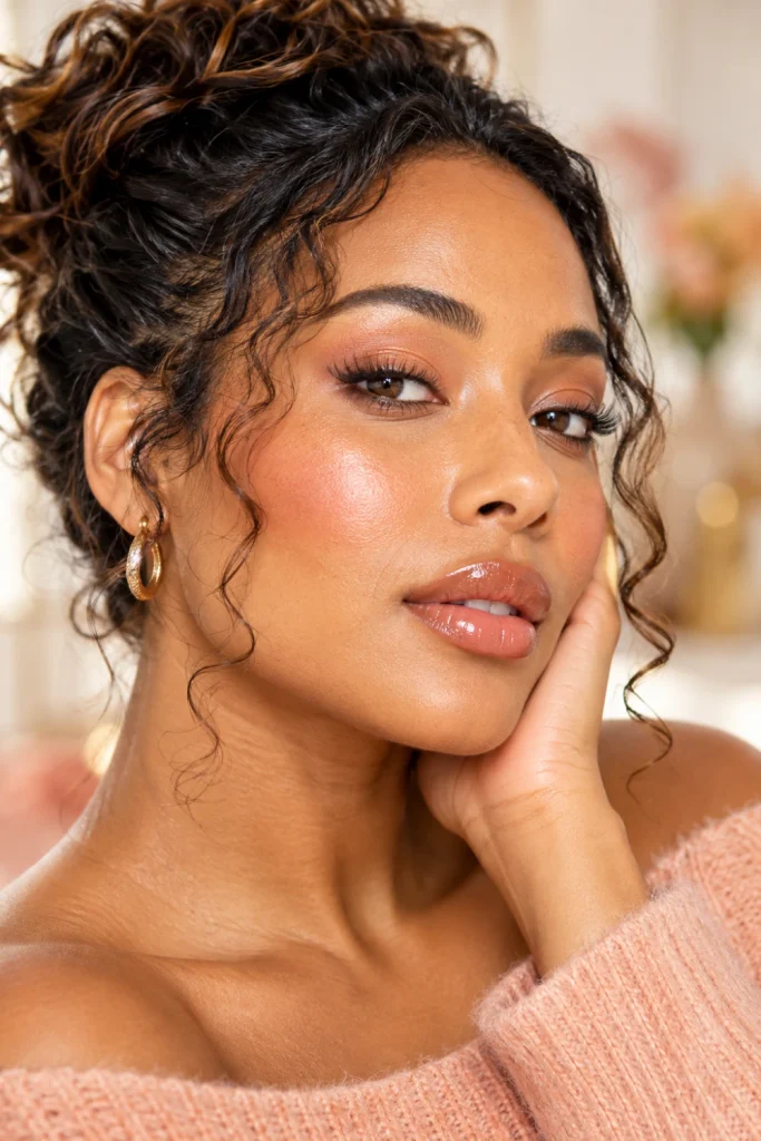 Fresh dewy makeup with lightweight natural foundation, peach cream blush, subtle highlighter, groomed brows and glossy nude lips.