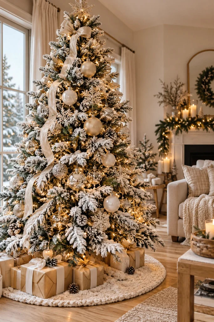 Frosted and flocked Christmas tree with snowy white branches, champagne and silver ornaments, cream ribbons and warm fairy lights.
