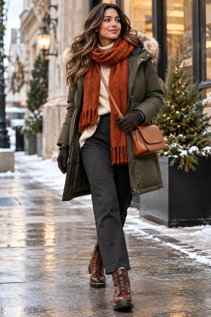 Functional stylish winter outfit with warm layers, weather-appropriate boots, insulated coat, scarf, gloves and practical handbag.