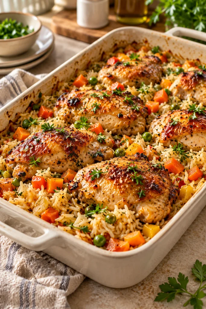 Gluten-free chicken and rice bake with tender chicken, fluffy rice, carrots, vegetables and herbs.