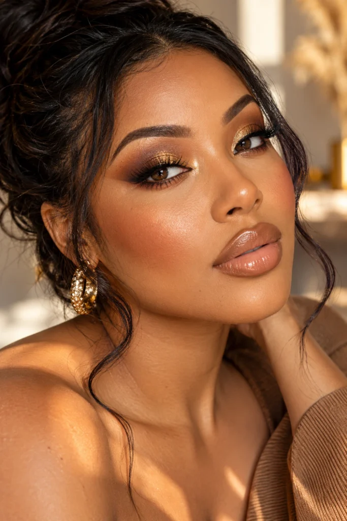 Golden goddess makeup with bronze eyeshadow, gold eyelid shimmer, bronzed cheeks, golden highlighter and caramel nude lipstick.