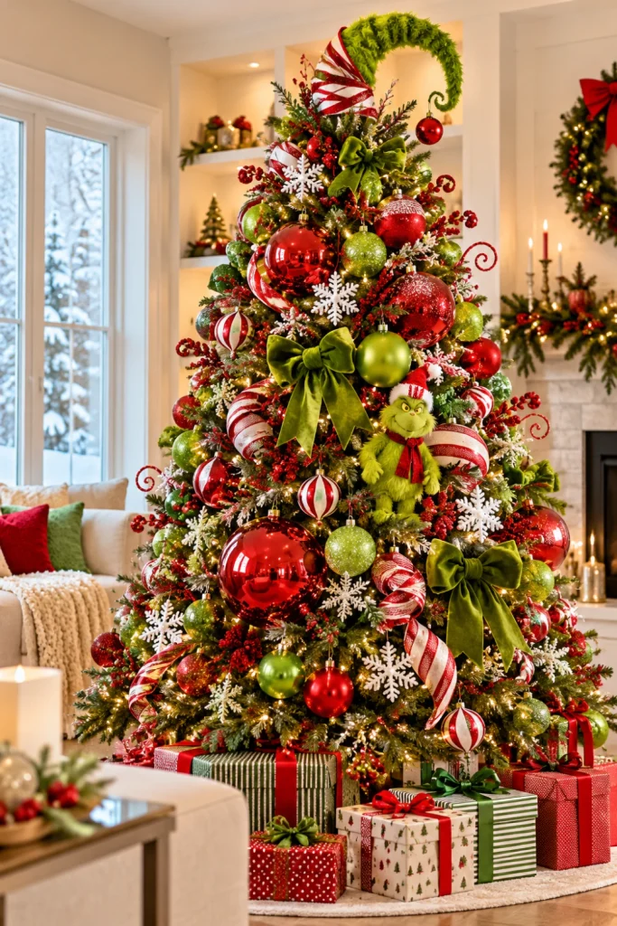Playful Grinch-themed Christmas tree featuring bright green accents, oversized red ornaments, red-and-white striped ribbons and whimsical holiday decorations.