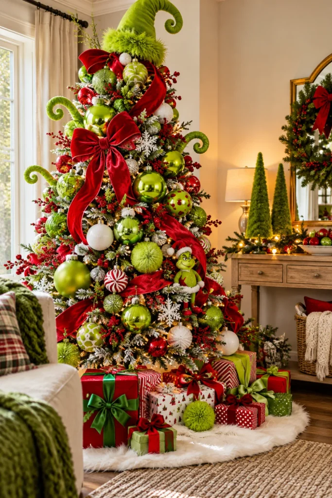 Grinch-inspired Christmas tree decorated with lime-green ornaments, bright red ribbons, white baubles, and wrapped holiday presents.