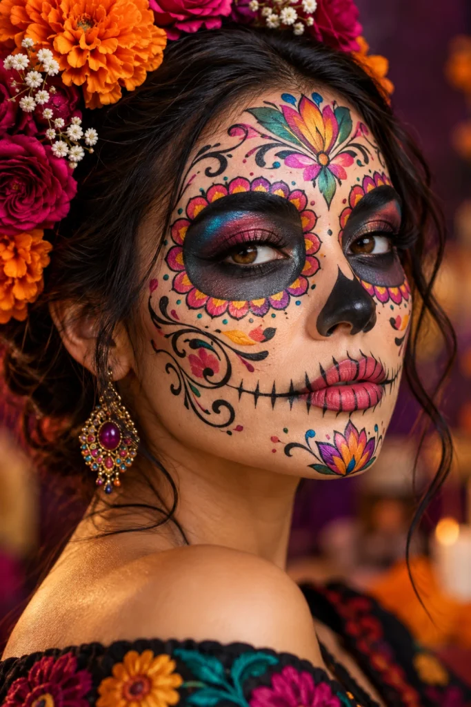 Halloween sugar skull makeup featuring colorful floral patterns, decorative black eye outlines, coral and turquoise accents, and detailed cosmetic face paint.
