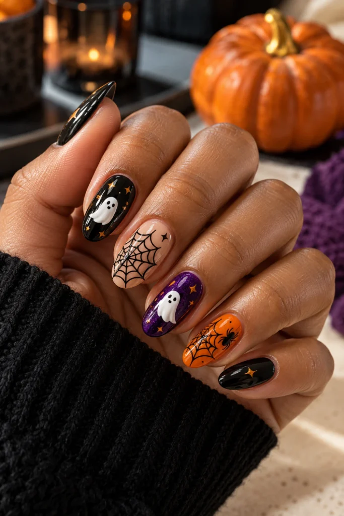 Halloween nail designs featuring black, orange and purple polish with tiny white ghosts, spiderwebs and festive accent details.