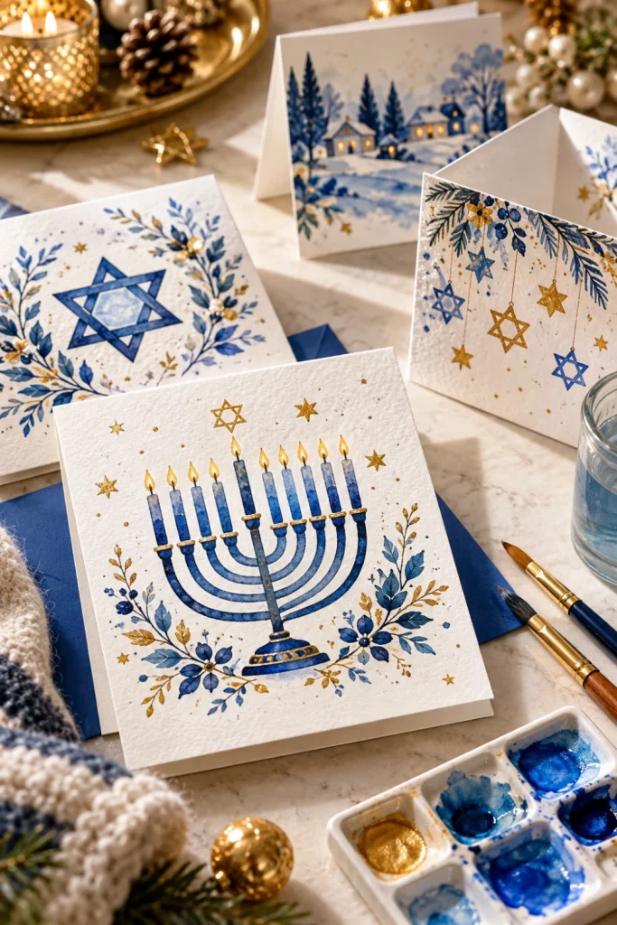 Handmade Hanukkah watercolor greeting cards featuring blue menorahs, gold stars and Star of David illustrations on textured paper.