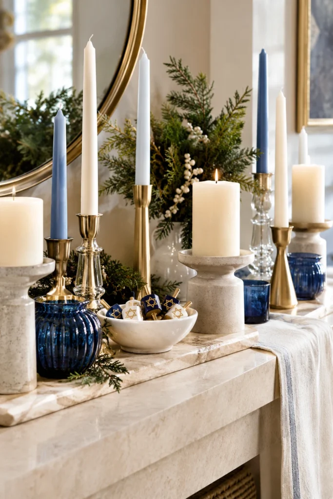 Modern Hanukkah-inspired decorative candle display with ivory candles, brushed-gold candleholders, navy accents and neutral winter decor.