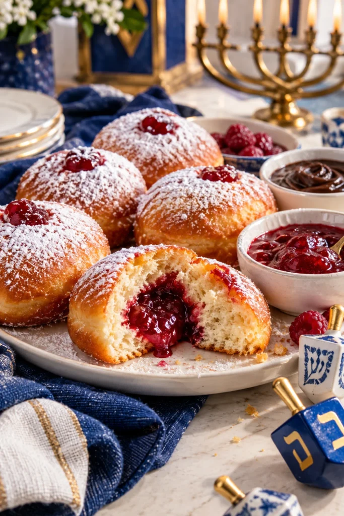 Hanukkah sufganiyot dessert bar featuring powdered sugar doughnuts, raspberry jam, chocolate sauce and festive blue-and-white decorations.
