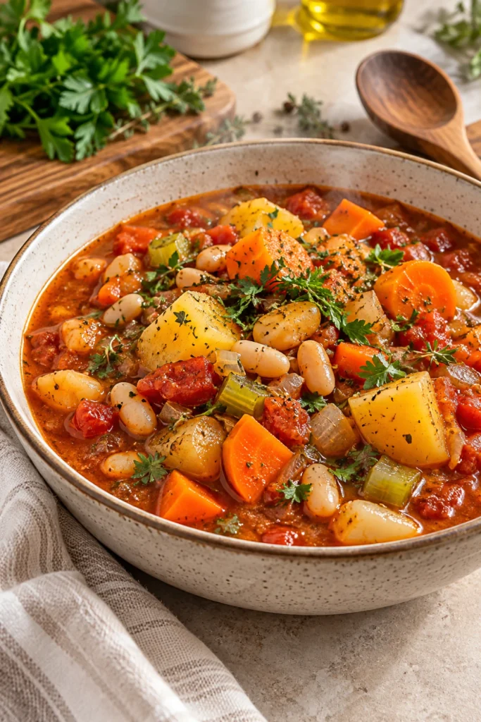 Healthy winter vegetable stew with potatoes, carrots, beans, tomatoes and fresh herbs in a rustic ceramic bowl.
