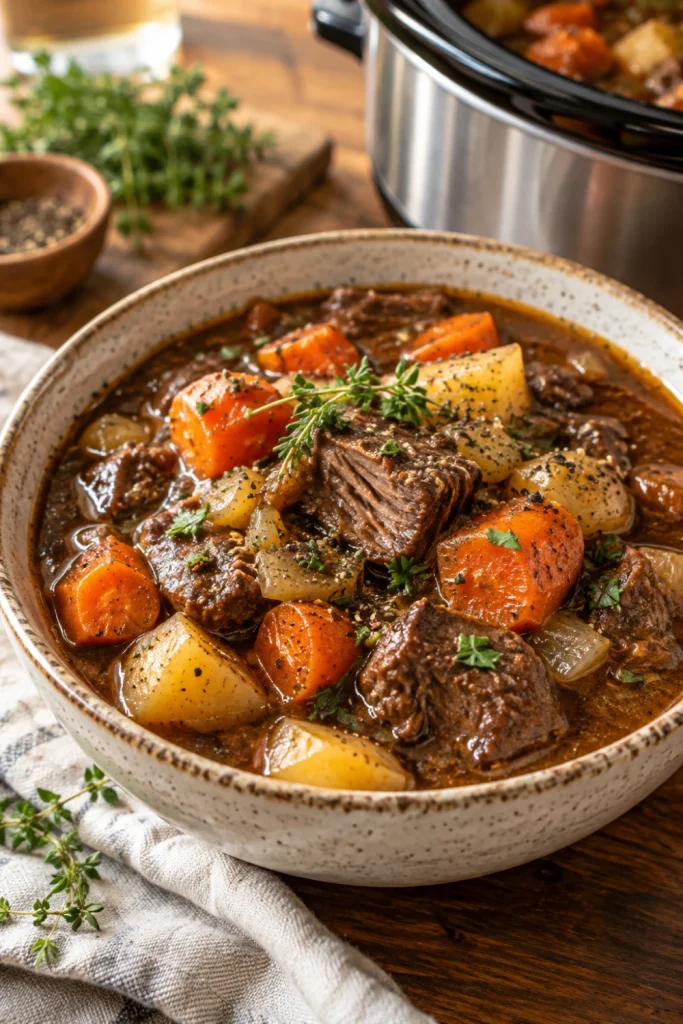 Hearty slow cooker beef stew with tender beef, potatoes, carrots, onions, herbs and rich gravy.