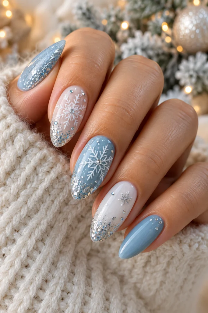 Icy blue and white Christmas nail art featuring delicate snowflakes, silver glitter accents and glossy almond-shaped nails.