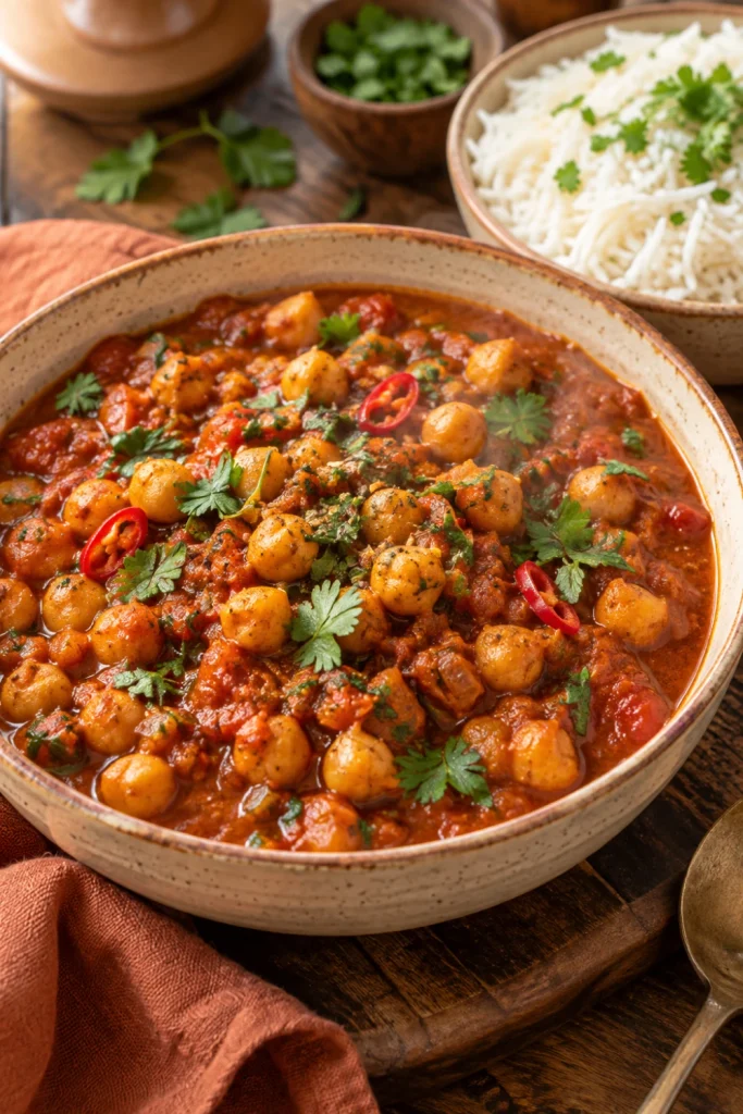 Indian-inspired chickpea curry with tomatoes, onions, ginger, aromatic spices, cilantro and warm rice.