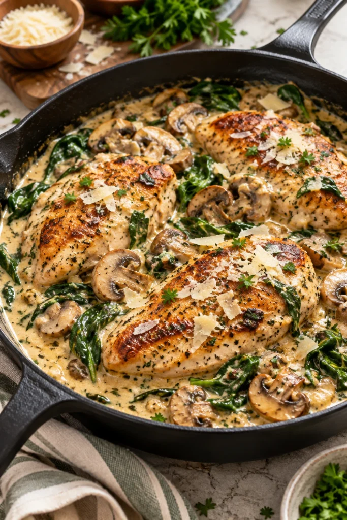 Keto creamy chicken skillet with browned chicken, mushrooms, spinach, garlic and Parmesan cream sauce.
