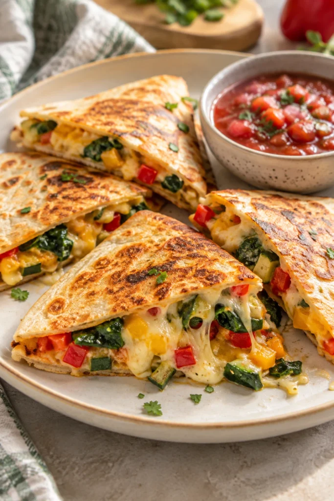 Kid-friendly cheesy veggie quesadillas with crispy tortillas, melted cheese, peppers, zucchini and colorful vegetables.