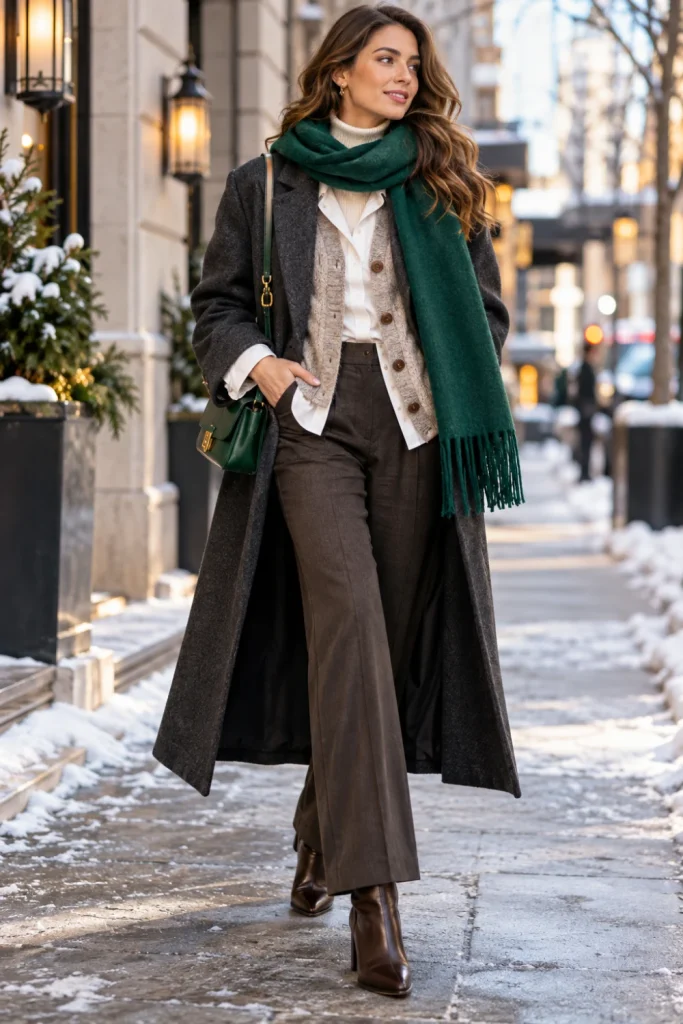 Layered winter clothes outfit with a fitted base layer, shirt, cardigan, structured coat and warm scarf.