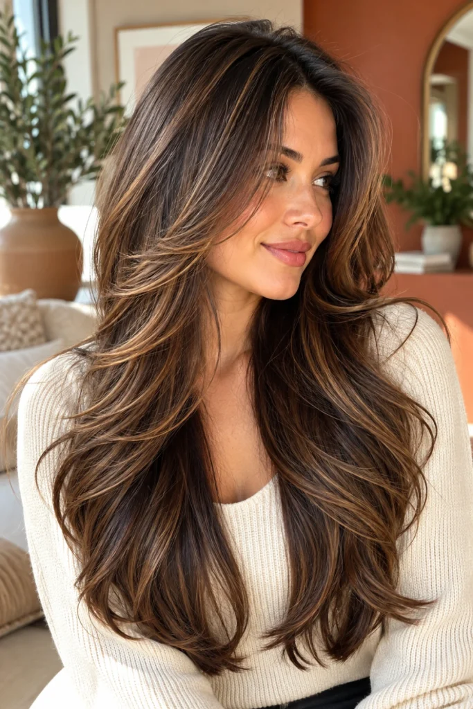 Woman with long flowing brunette layers, soft face-framing strands and natural caramel highlights.