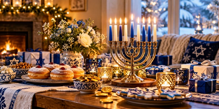 Magical Hanukkah ideas for a cozy winter celebration featuring a beautifully decorated menorah, blue and gold decorations, warm candlelight, festive table settings, and elegant seasonal touches.
