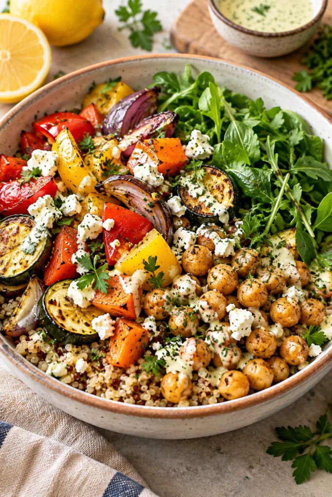 Mediterranean veggie grain bowl with quinoa, roasted vegetables, chickpeas, greens, feta and lemon dressing.