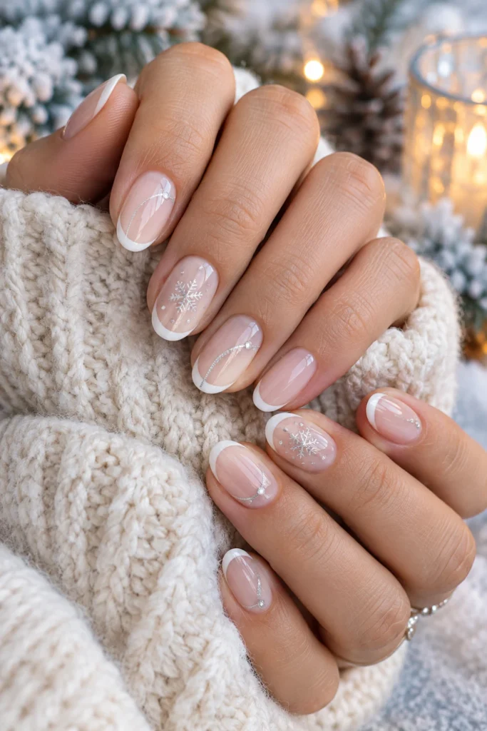 Minimalist winter nails with a sheer milky base, delicate white French tips and tiny silver seasonal details.