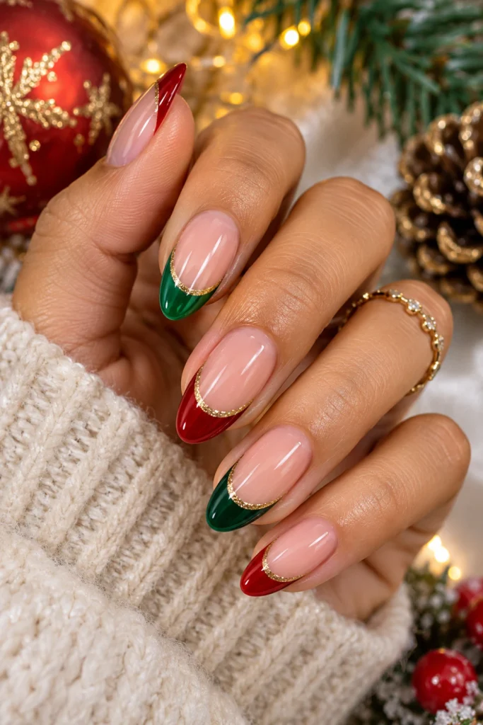 Modern Christmas French tip nails with a sheer pink base, cherry-red and emerald-green tips and delicate gold accent lines.