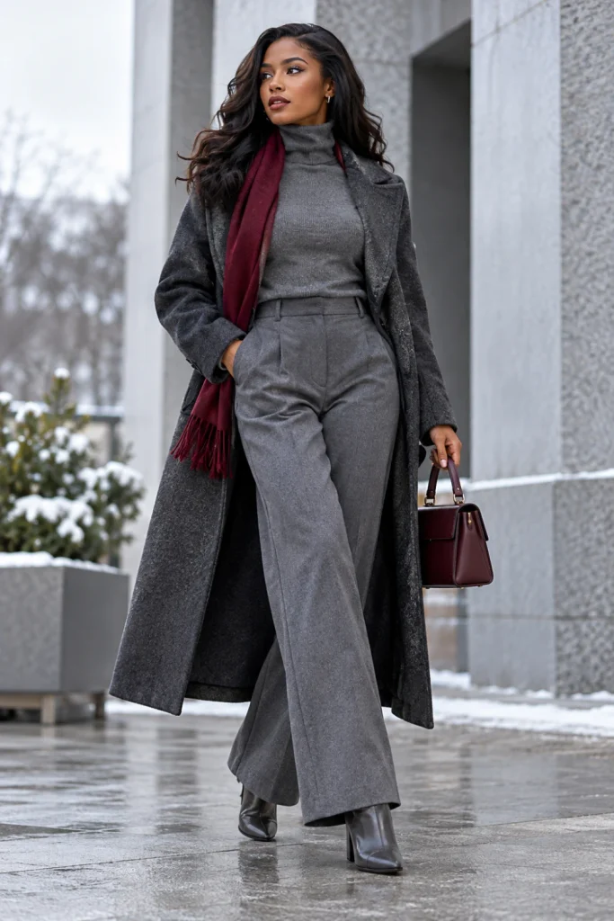Monochrome winter outfit aesthetic featuring layered gray clothing, textured coat, trousers, boots and coordinated accessories.