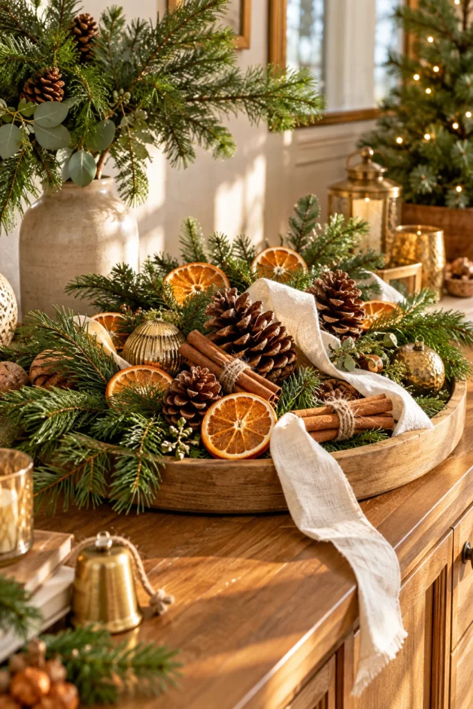 Natural Christmas decorations featuring fresh evergreen branches, pinecones, dried orange slices, cinnamon sticks, and ivory linen ribbon on a wooden tray.