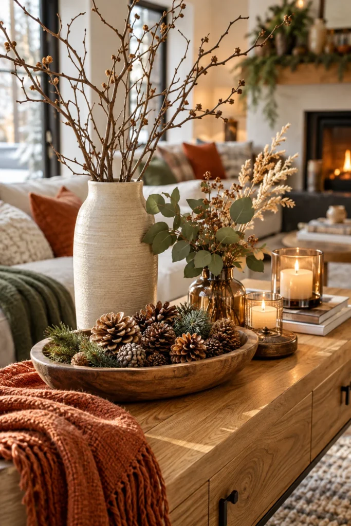 Natural winter decor with eucalyptus branches, dried grasses, pinecones, a wooden bowl and a handmade ceramic vase on a neutral console.