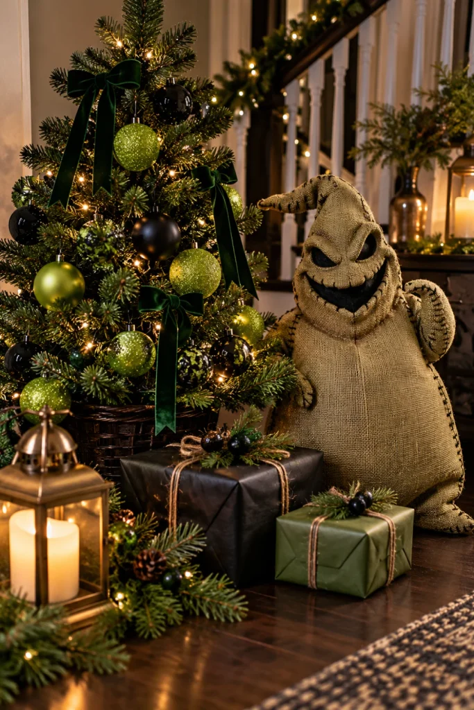 Oogie Boogie-inspired Christmas display with lime-green ornaments, burlap-textured decor, black baubles, evergreen branches, and warm fairy lights.