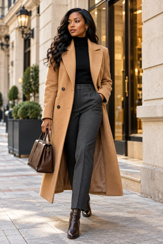 Woman wearing a long camel palto-style winter coat over a black turtleneck and tailored trousers with leather boots.