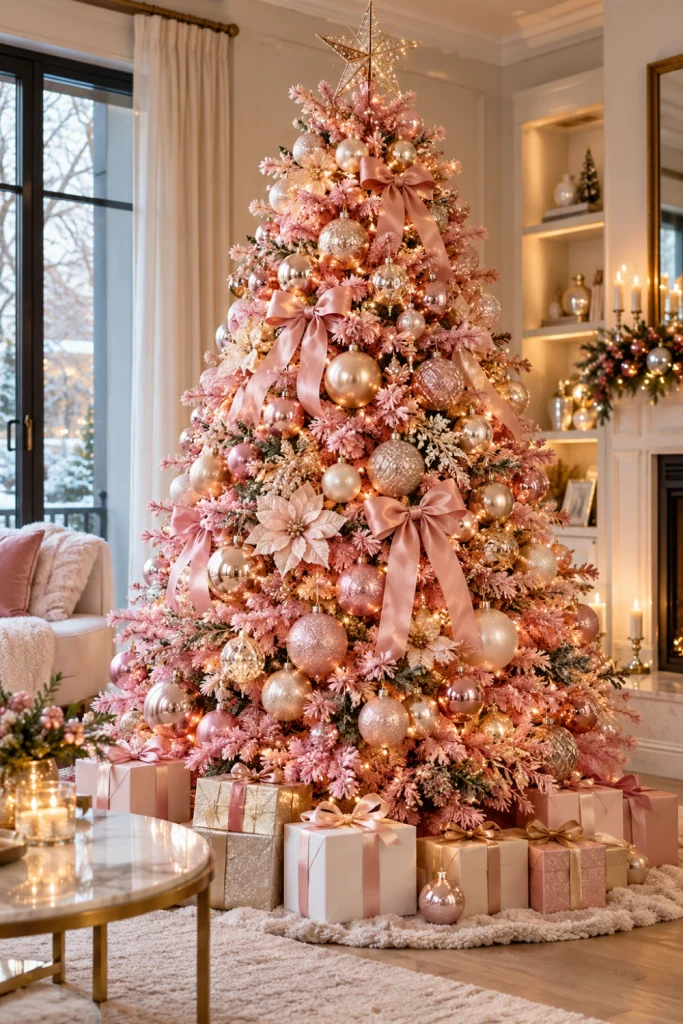 Pink Christmas tree decorated with blush baubles, rose-gold ornaments, pearl accents, satin bows and warm fairy lights in a pastel holiday interior.