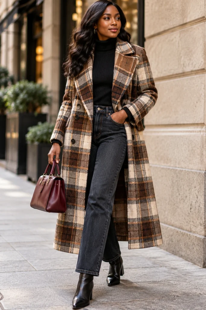 Woman wearing a brown plaid winter overcoat over a solid dark turtleneck with dark jeans and leather ankle boots.