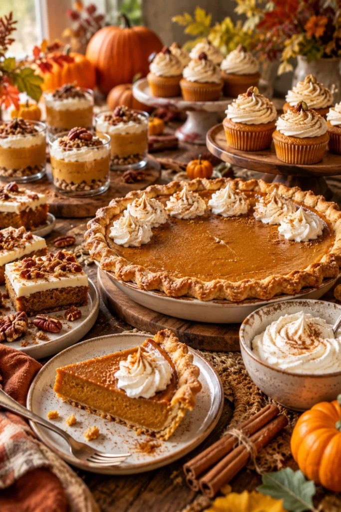 Thanksgiving pumpkin dessert table with pumpkin pie, pumpkin bars, cupcakes, whipped cream and mini pumpkins.
