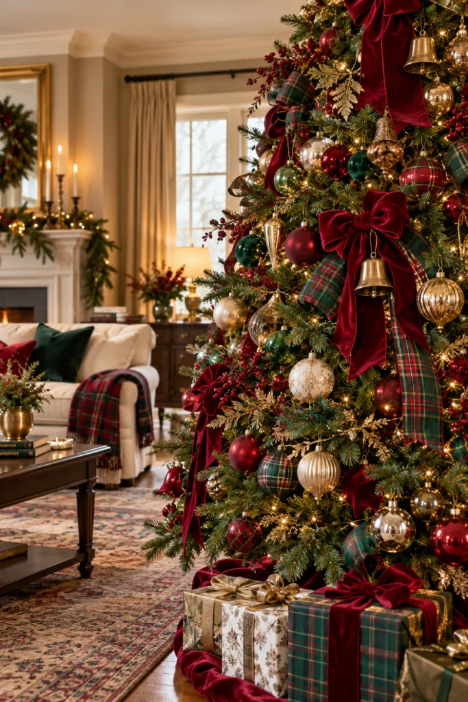 Elegant Christmas tree decorated with burgundy velvet bows, forest-green tartan ribbons, antique gold bells, and warm-white lights in a luxurious traditional living room.